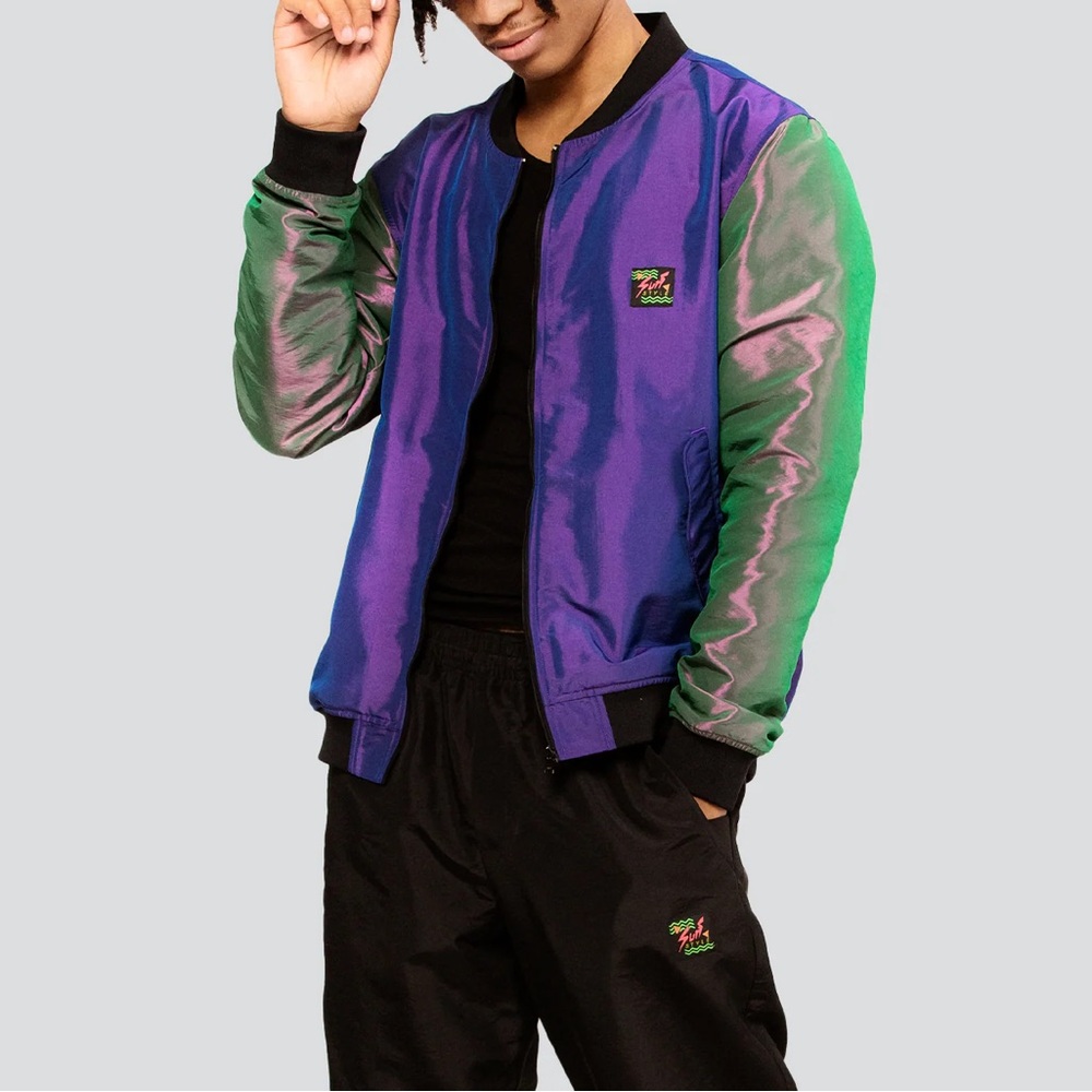 Men's Multicolor Bomber Jacket Medium Iridescent Purple/Green Vintage
